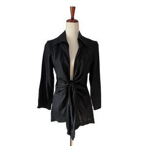 Neiman Marcus Black Linen Twist Front Collared Blouse Size M Chic Sophisticated